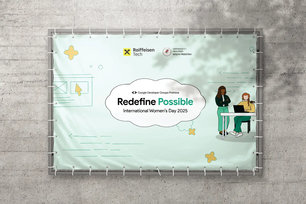 Materiali i përfunduar “Redefine Possible” me grafika jeshile dhe ilustrime grash në teknologji