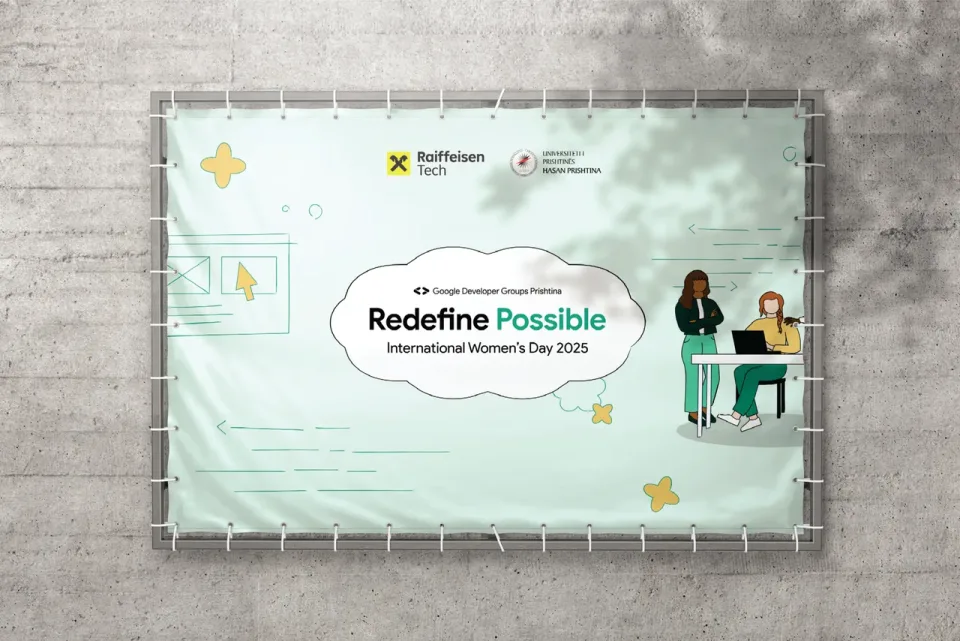Fotografi e materialit të përfunduar “Redefine Possible — International Women’s Day 2025”, me grafikë të gjelbër dhe ilustrime të grave në teknologji
